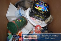 A box of assorted items to include silver plate, tins, china, Disney Snow White figurines etc
