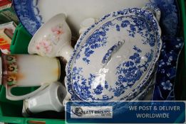 A Royal Doulton blue and white meat platter together with other items