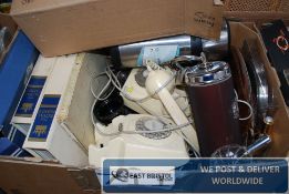 An assorted box of items to include vintage telephones, leather hand bags etc.