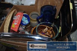 A box of mixed items to include wooden ware bowl etc. Sona Stainless steel tea tray, tea pot etc