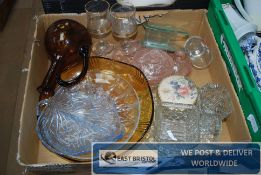 A quantity of cut glass to include large dish, deco cut glass dressing table set etc