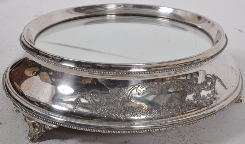 A late Victorian silver plate and mirror topped boxed wedding  / cake stand. The large cake stand