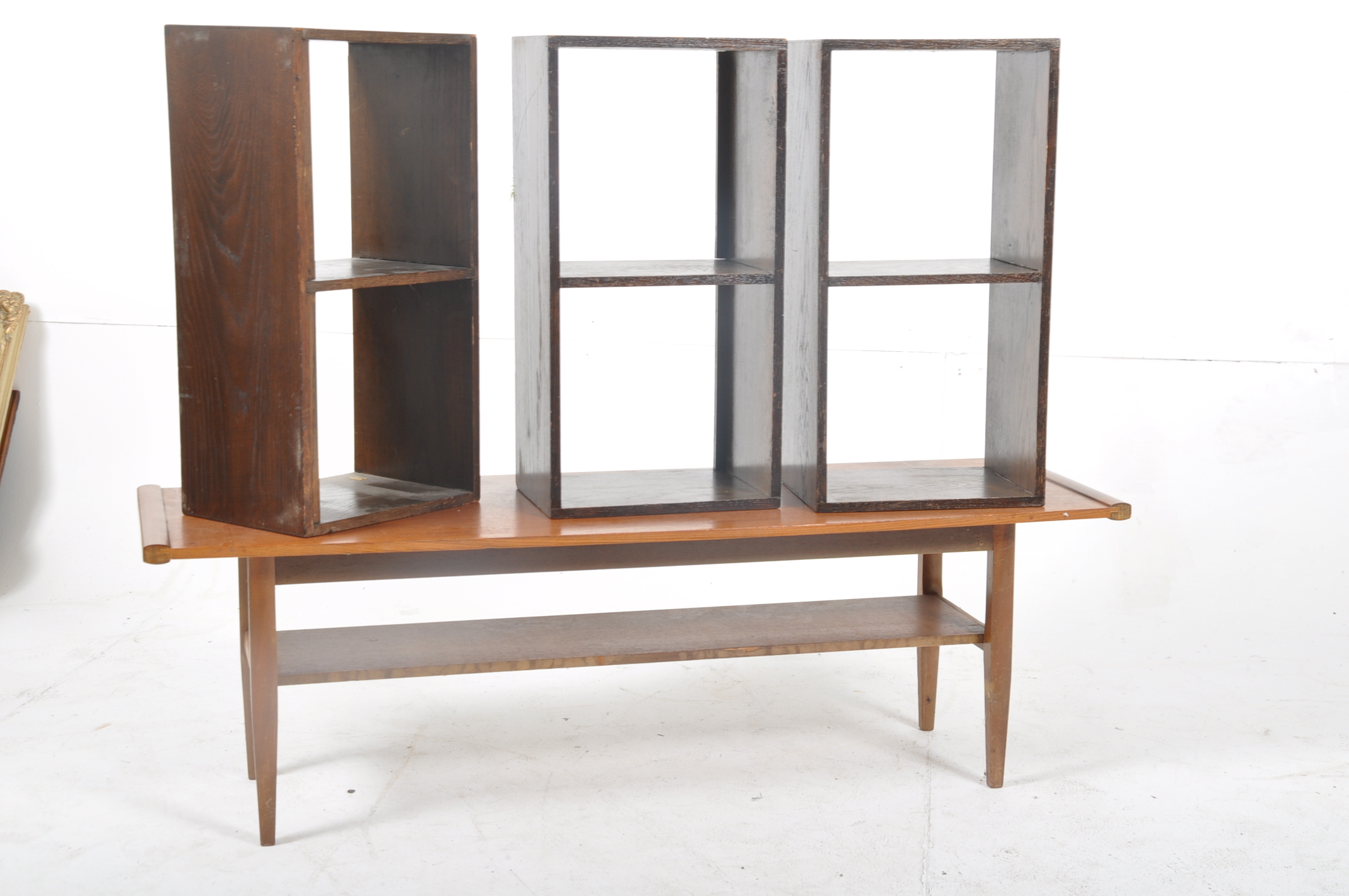 A retro oak coffee table together with a set of 3 Unix stacking modular bookcase shelves