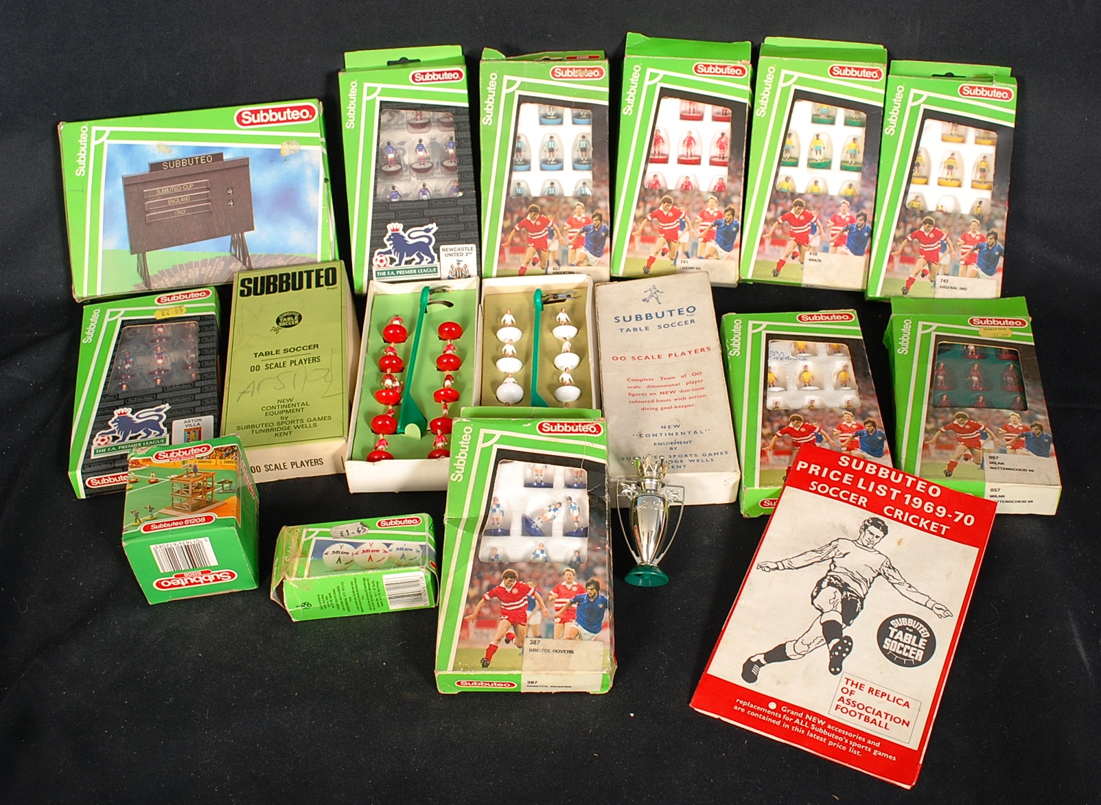 A box to contain a quantity of Subbuteo football accessories and toys, along with a 1969 trade