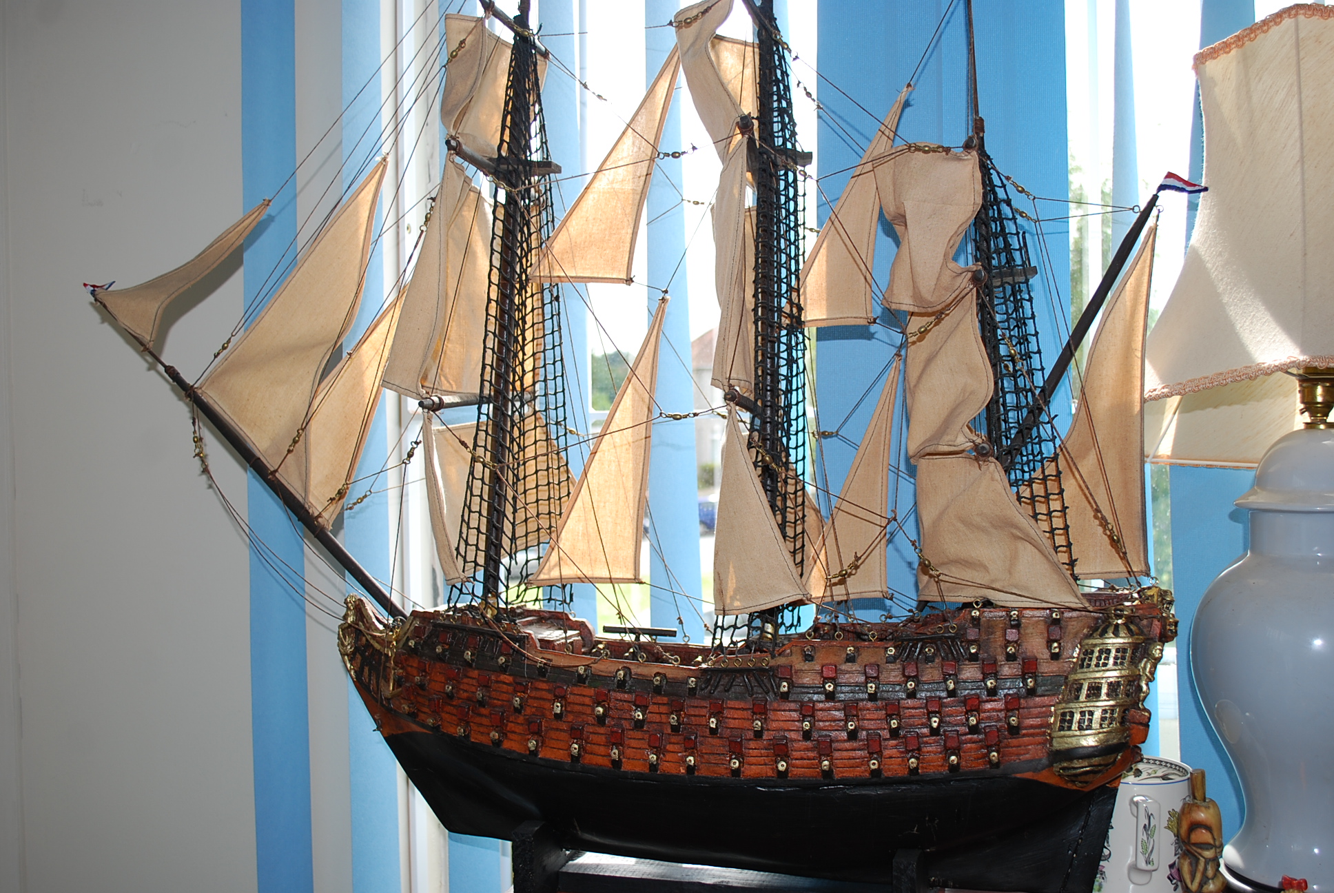 A large scale model of a galleon boat ship.