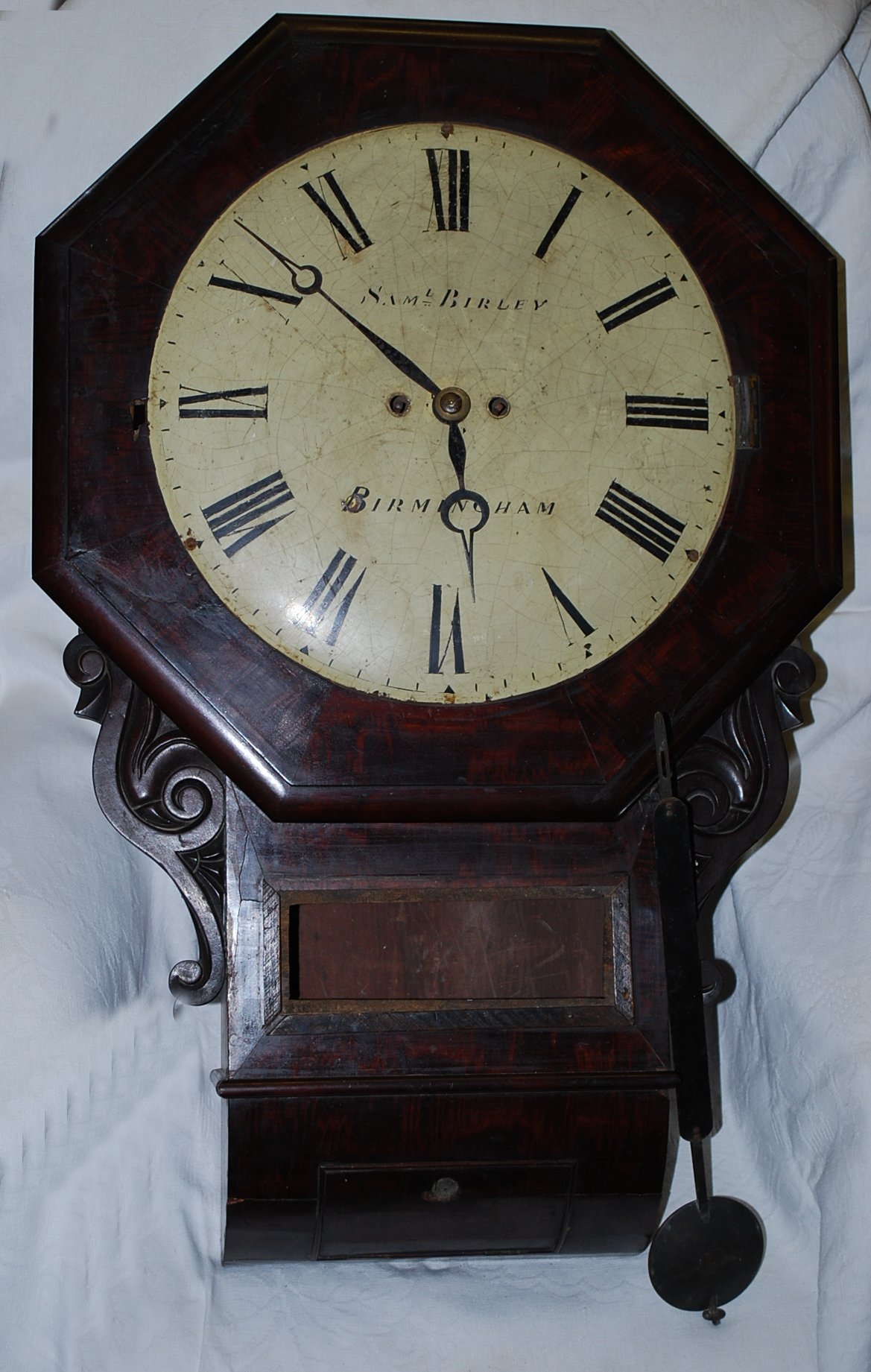 A rosewood drop dial 2 train fusee wall clock. Dial signed Samuel Birley, Birmingham.