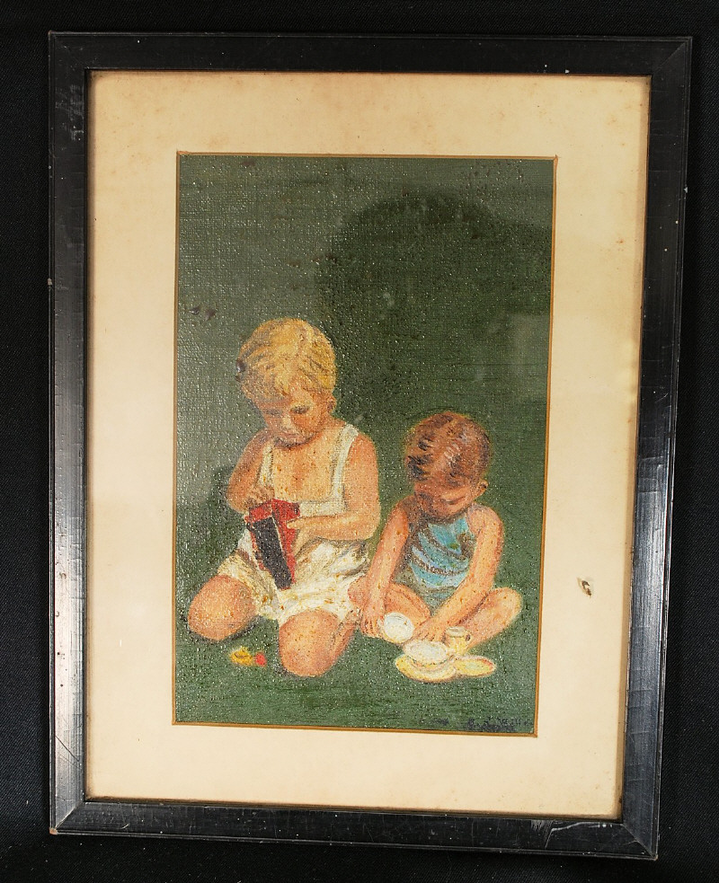 J Veales. Oil on board, early 20th century portrait of children playing with green background to the
