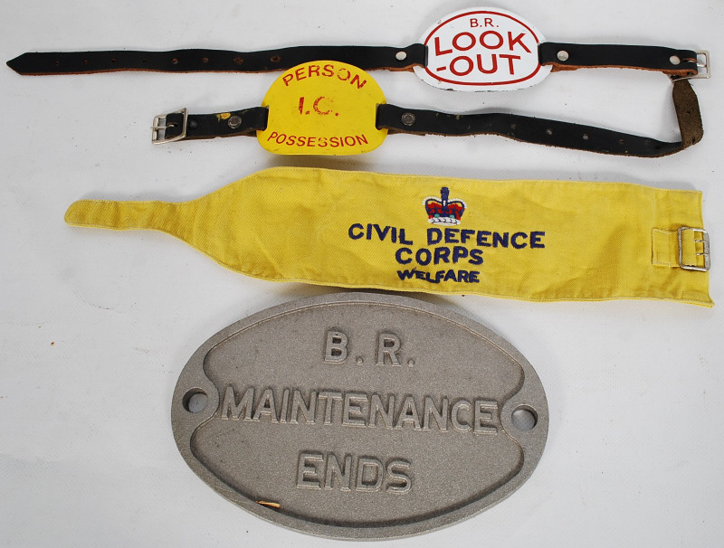 Railway items to include 3 armbands and a Bristish Rail train plate