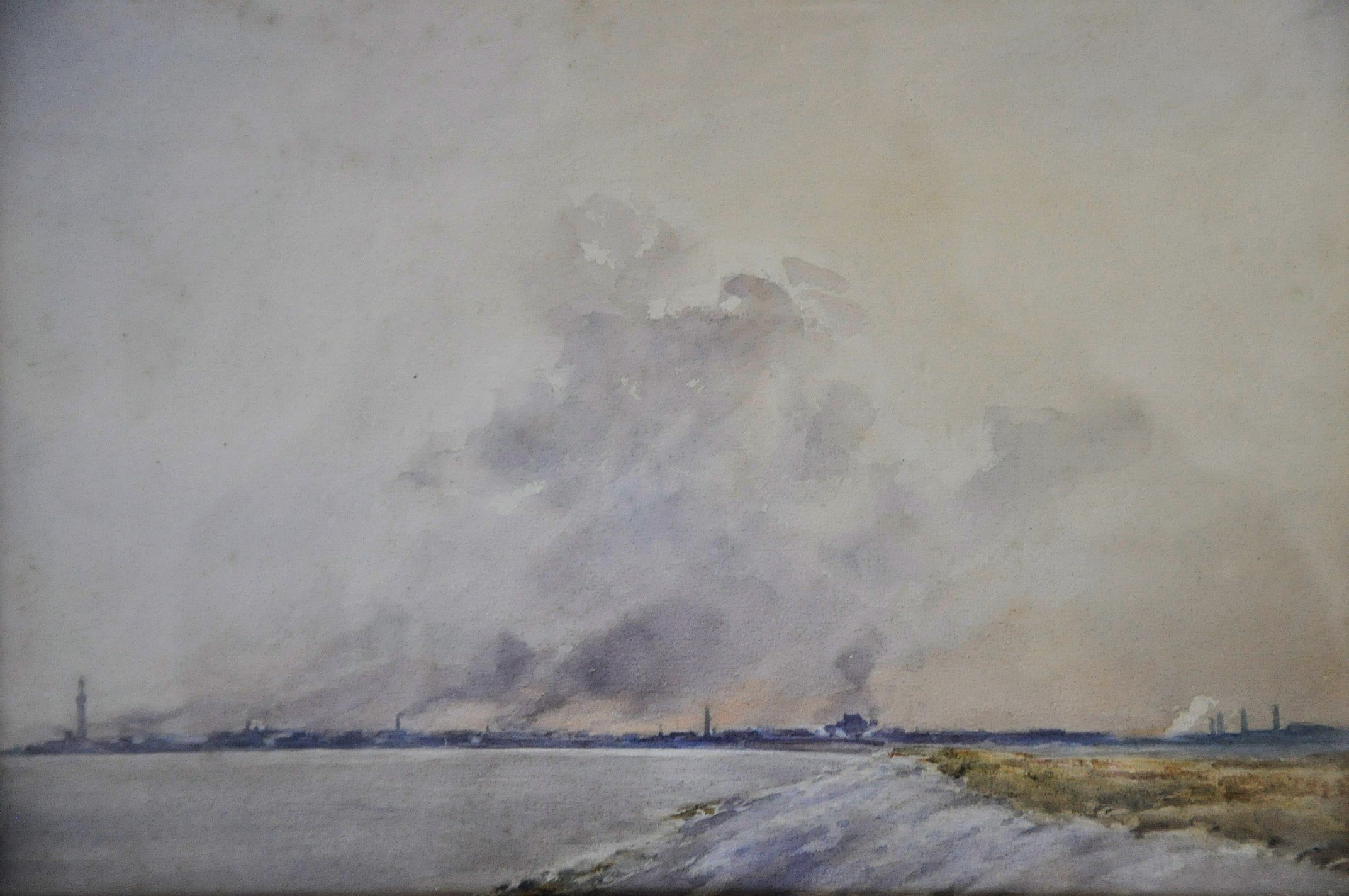 Watson Charlton (1872 - ) Industrial watercolour painting of a coal powerplant seen from over the