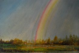 John Constable Reeve (20th century) Oil on board of a rainbow farming scene. 20cm x 25cm