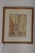 Early 20th century continental school pen and ink drawing of street scene, church to background