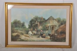 A large framed and glazed English school print of a rural village scene. Unsigned, measures 60cms