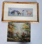 A 20th century miniature oil on canvas of a hunting scene being indistinctly signed together with a