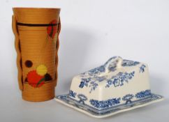 A Masons Ironstone cheese dish in the Manchu pattern. Together with an Art Deco vase with ribbon