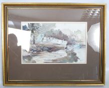 RM Bolton. Framed and glazed watercolour of beached river boat. Signed to lower corner