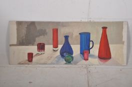 A large rectangular still life oil on canvas of colourted glass wares to a table. One of a