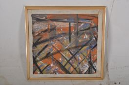 A mixed media abstract oil on board being framed of geometrical lines. One of a collection from a