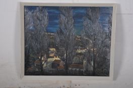 A mixed media oil on board being framed  of a moonlit village scene. One of a collection from a