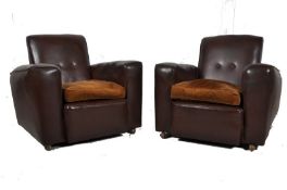 2 1930`s Art Deco faux brown leather armchairs. Angular shaped frame with good upholstered faux