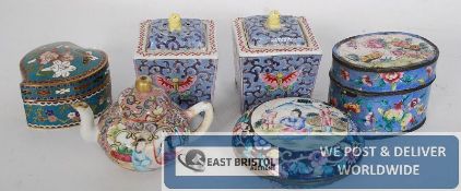 A small collection of Oriental items including enamel tins and miniature teapot etc
