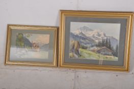 2 continental school watercolour paintings, one of chateaux near lake, mountains to background, the