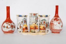 2 Japanese Satsuma gouda style stem vases together with 3 Noritake decorative small vases