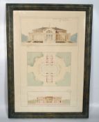 Framed and glazed architectural print of a French Chateau bearing notation to the top dated 1828