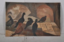 A mixed media oil on board of pigeons on a sunset rooftop. One of a collection from a local artist.