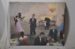 An abstract 1950`s cocktail / restaurant party scene with seated figures and waiters. Oil on board,