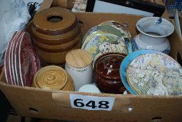 A mixed box of ceramics and stoneware to include Royal Worcester cat plates, tureens etc.