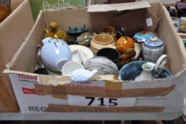 A good box of studio pottery to include Royal Doulton, Majollica, SylvaC and blue and white etc