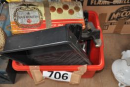 2 boxes of vintage tools, some in advertising chocolate tins etc.