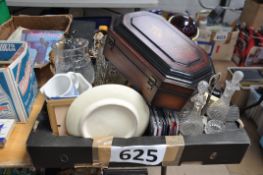 A good mixed lot to include silver plate cruets, galway crystal, jewellery box etc