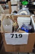 A box of glassware to include Murano style basket etc.