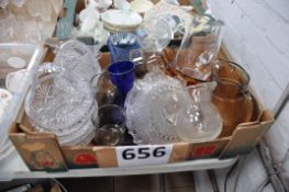 A box of glass to include Bristol blue glass, cut glass, sweet dish etc.