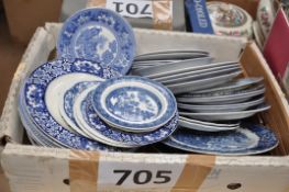 A box of blue and white to include Grindley, Olde Oltonware, Woods and Booths.