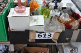 A box of assorted glass ware to include Mystique crystal vase, Carnival glass decanters etc.