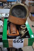 A mixed box of brass and wooden wares to include a Victorian ink well.