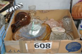 A quantity of cut glass to include large dish, deco cut glass dressing table set etc