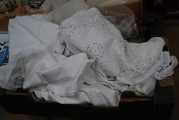A nice box of lace, linen, parassol, tapestry etc.