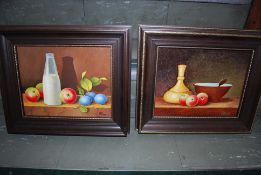 John Benjamin (20th century) pair of oil on boards of still life scenes, with ornate ebonised