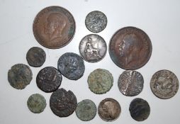 A collection of 15 assorted antique coins to include Roman coins and later