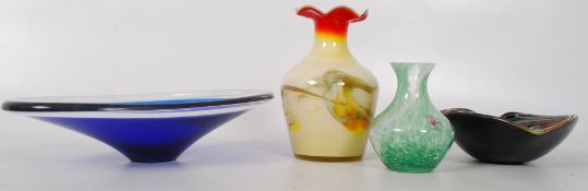 4 pieces of glass wares to a decorative Danish blue bowl, a Caithness vase, an end of day coloured