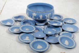 A good large Wedgwood blue jasperware bowl together with a large collection of pin dishes in