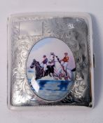 A hallmarked silver cigarette case with inset pictorial enamel of equestrian horse racing jockey