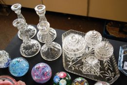 A glass dressing table set with 4 candlesticks