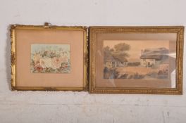 Two gilt framed pictures, one being a print of flowers,the other a country scene