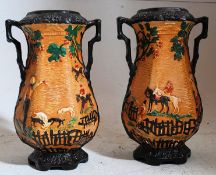 2 Edwardian (1900-1920) Plaza Ware twin handles vases having good hunting scenes to each, handles