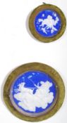 Two Gypsy cameo`s / wall figurines. Blue Jasperware depicting cherubs and mythical greek scenery