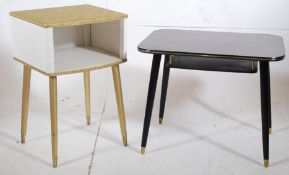 A retro 1960`s coffee table on turned legs together with a formica side cabinet / bedside table